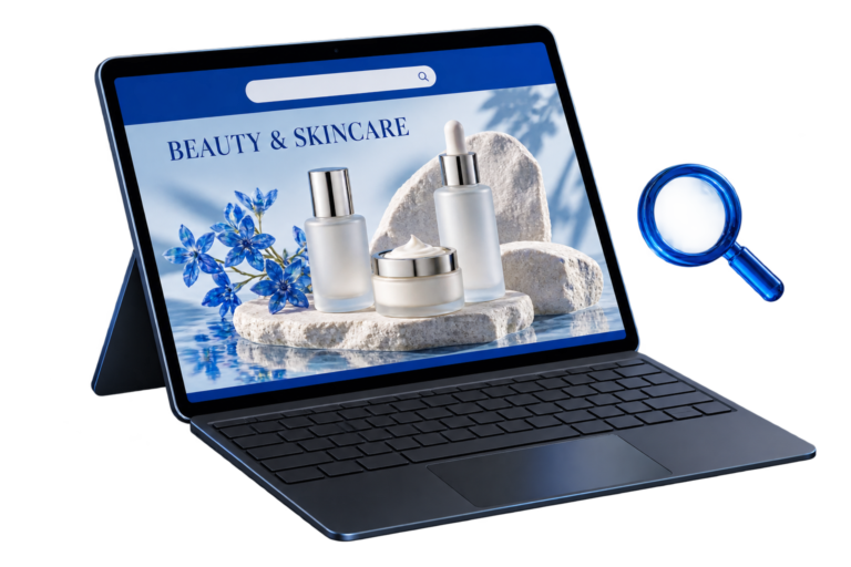 Illustrative tablet artwork showing skincare products and a blue search magnifier.
