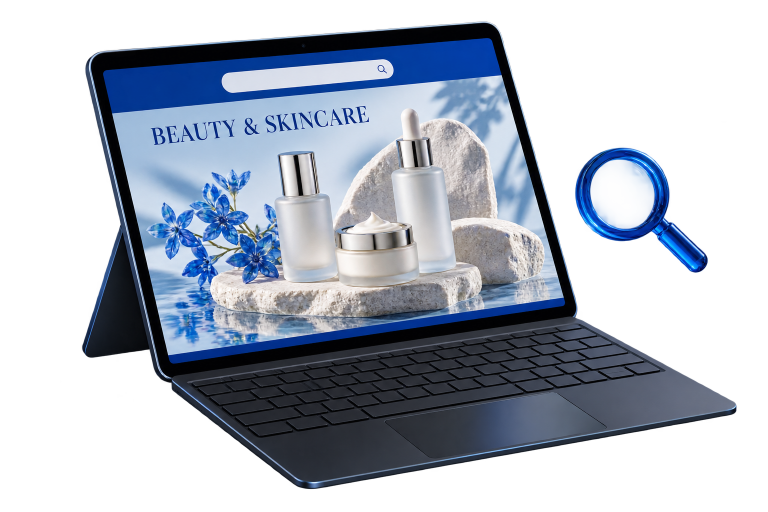 Illustrative tablet artwork showing skincare products and a blue search magnifier.