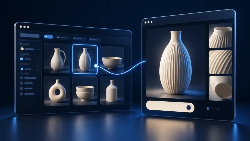 Illustration of a ceramic homeware category grid linked to an individual vase product page.