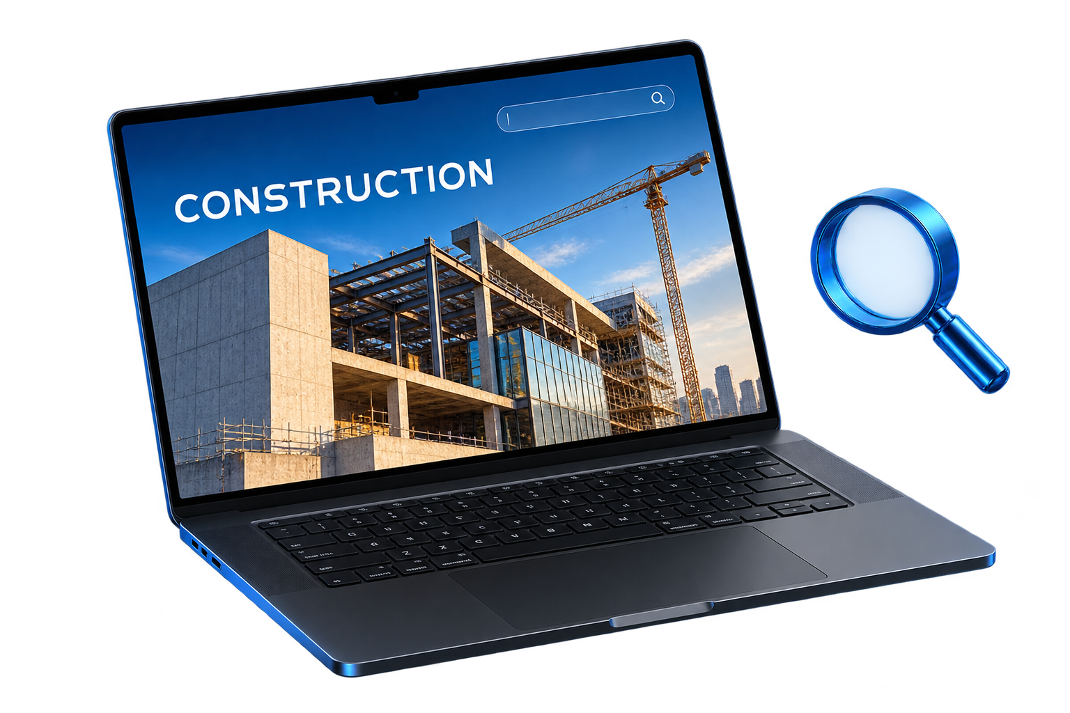 Illustrative laptop artwork showing a construction site and a blue search magnifier.
