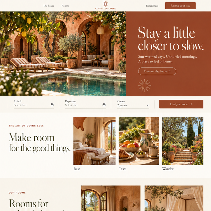 Preview of the fictional Casa Solune hospitality website concept
