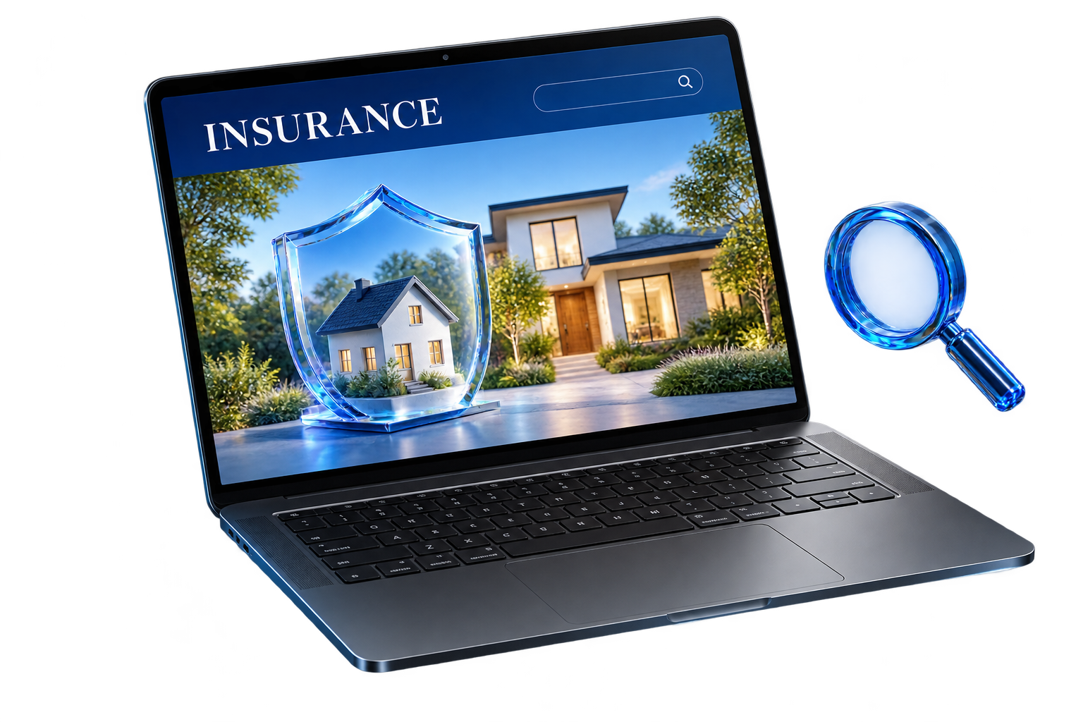 Illustrative laptop artwork showing a home protected by a glass shield and a blue search magnifier.