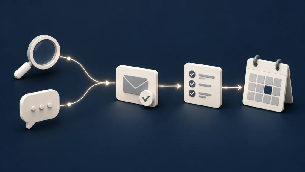 Search and conversation icons connected to a verified enquiry card, qualification checklist and appointment calendar.