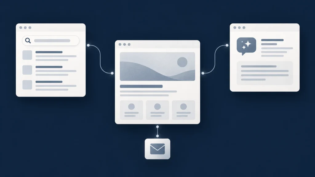 A business website connected to search results and an AI answer, with a customer enquiry pathway.