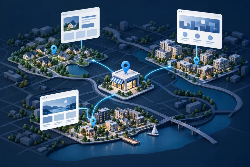 Navy illustration of a service business connected to three neighborhoods with distinct website page cards.