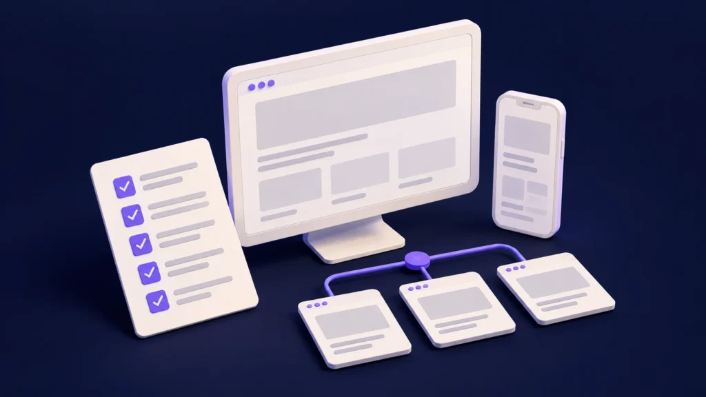 Website redesign planning illustration with desktop and mobile wireframes, a checklist, and connected page cards.